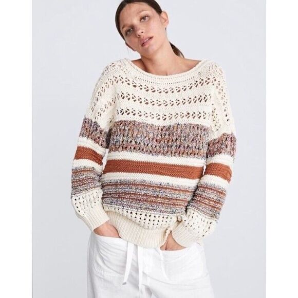 Zara XS-S Italian Yarn Cream & Brown Striped Crocheted Tunic Length Sweater - Picture 1 of 13